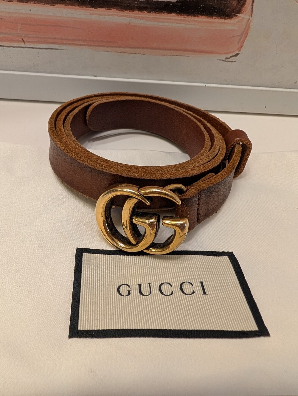🤎EUC Gucci Marmot Signature Monogram Unisex Genuine Leather Adjustable Belt 32